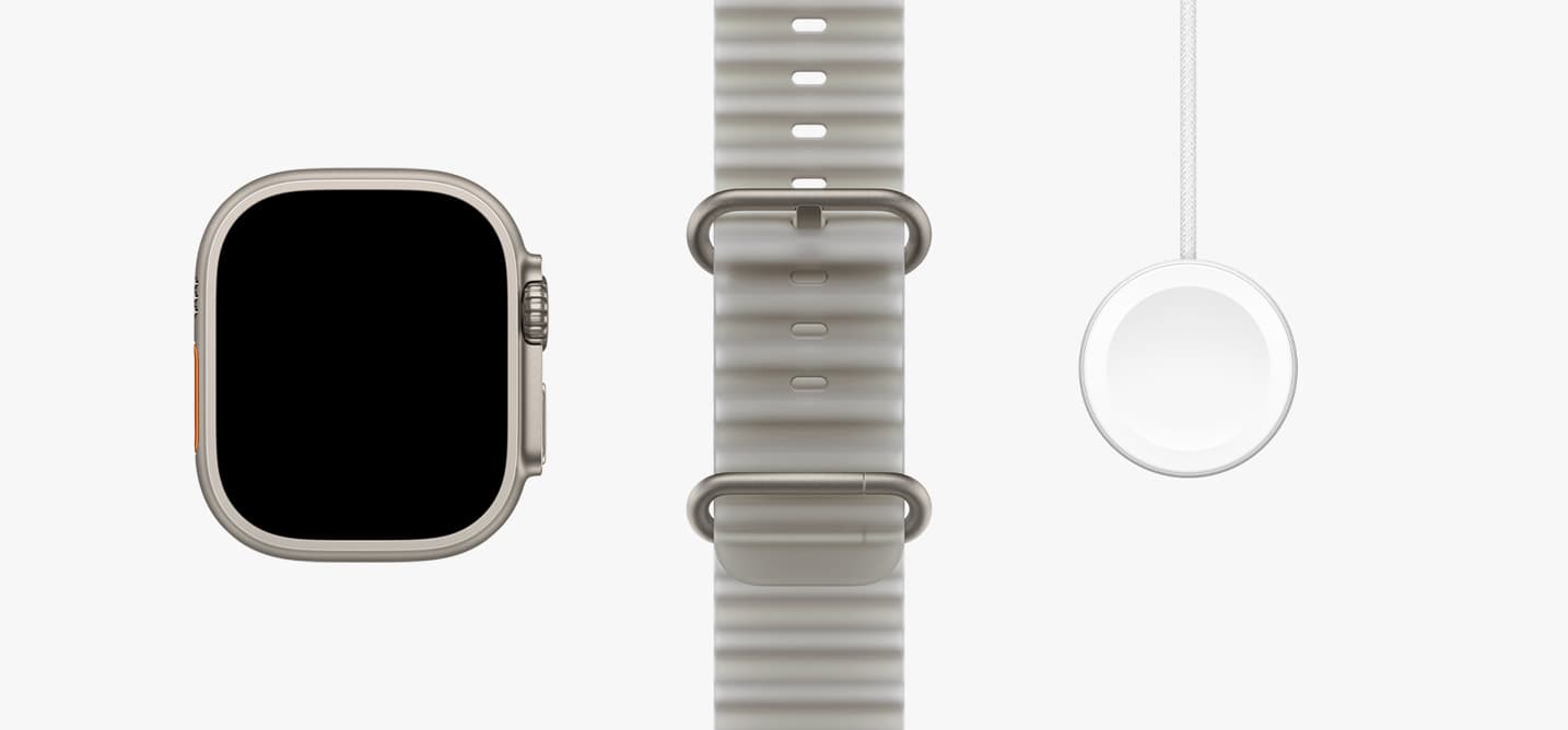 Apple Watch Ultra 4 с ремешком и зарядным кабелем — пример комплекта Apple