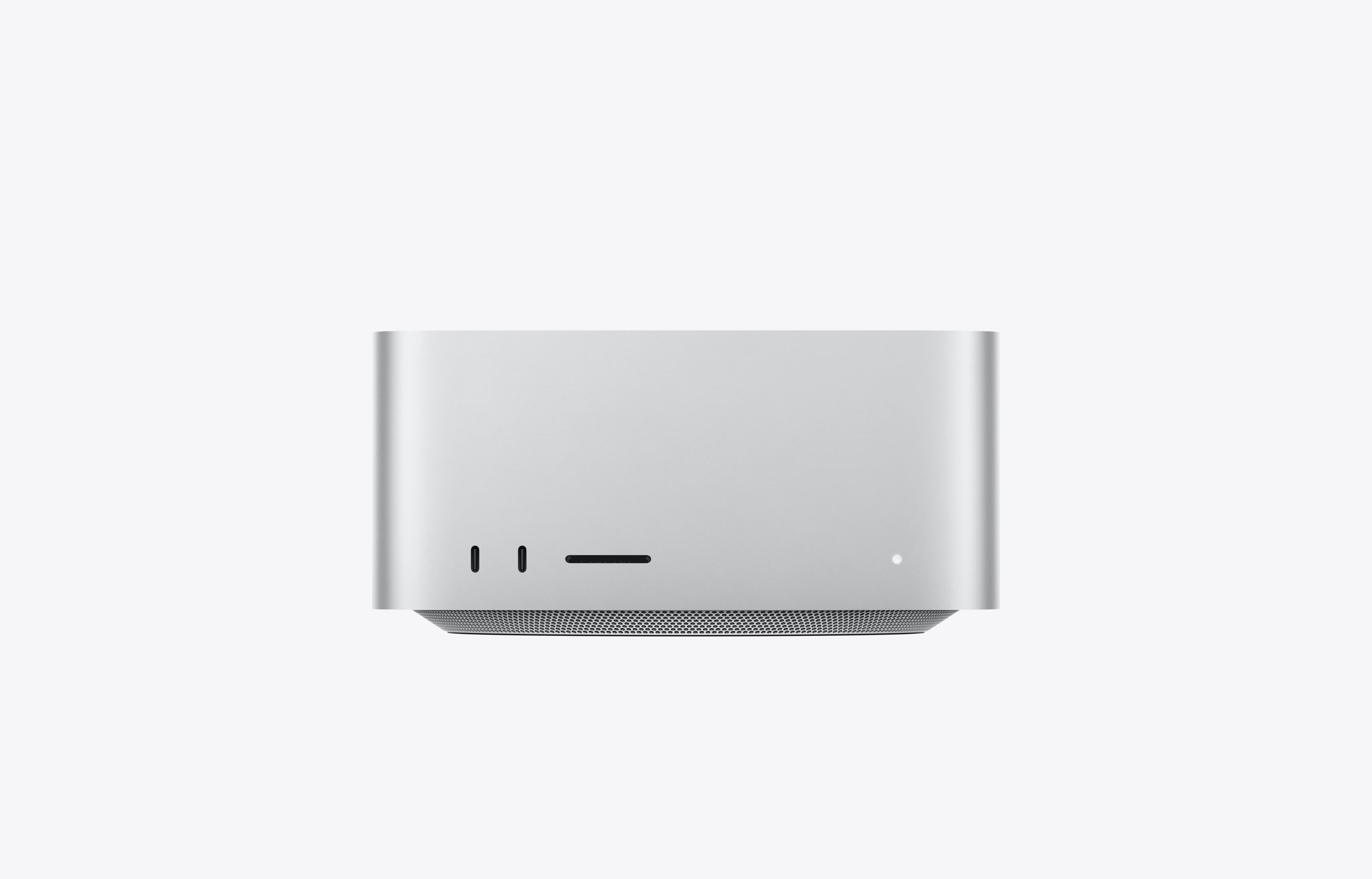 Mac Studio, серебристый корпус, вид спереди