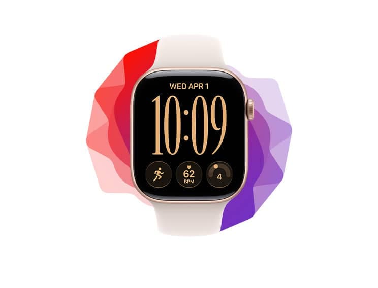 Apple Watch на фоне цветных силуэтов часов
