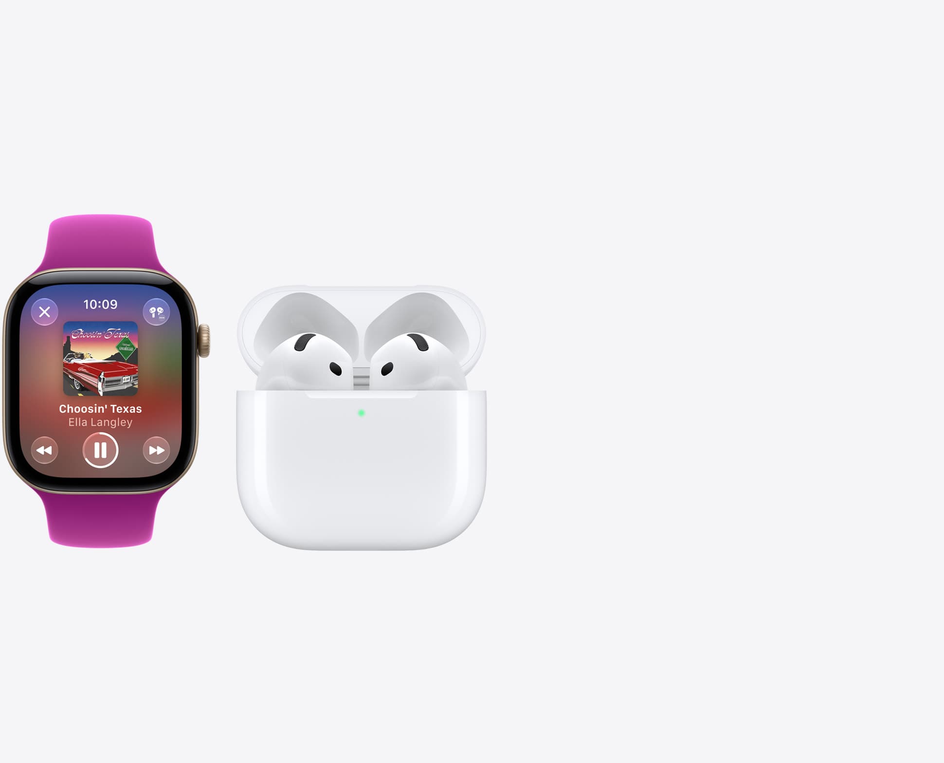 Apple Watch с приложением Музыка и AirPods