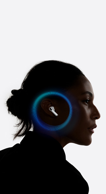 Человек в AirPods Pro 3, вокруг уха — звуковые волны